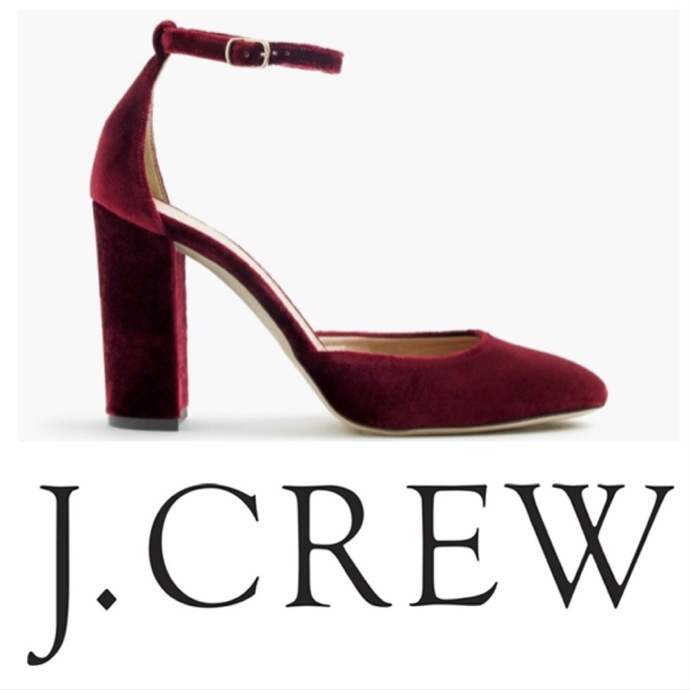 J. Crew Burgundy Velvet Block Heel Ankle Strap Pumps